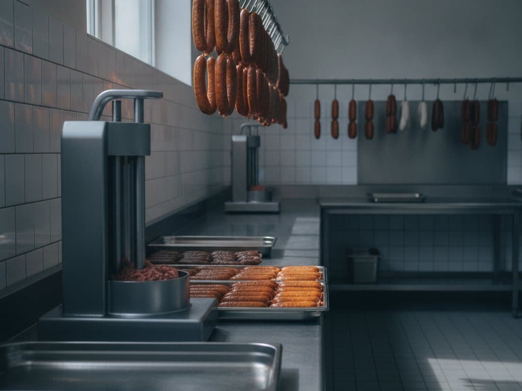 Atelier de boucherie professionnelle : plans de travail inox, poussoir et carrelage blanc