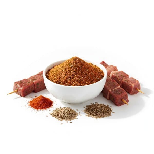 Épices Brochette : bol de mélange, paprika, cumin et brochettes marinées