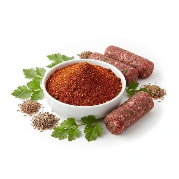 Épices Kefta : bol de mélange, persil, coriandre et kefta crues