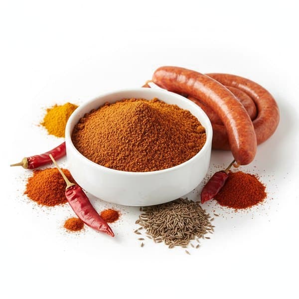Épices Merguez Gourmet : bol de mélange, paprika, piments et merguez crues