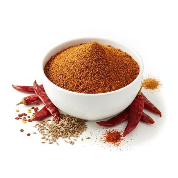 Épices Mexicaine : bol de mélange, piments séchés et cumin