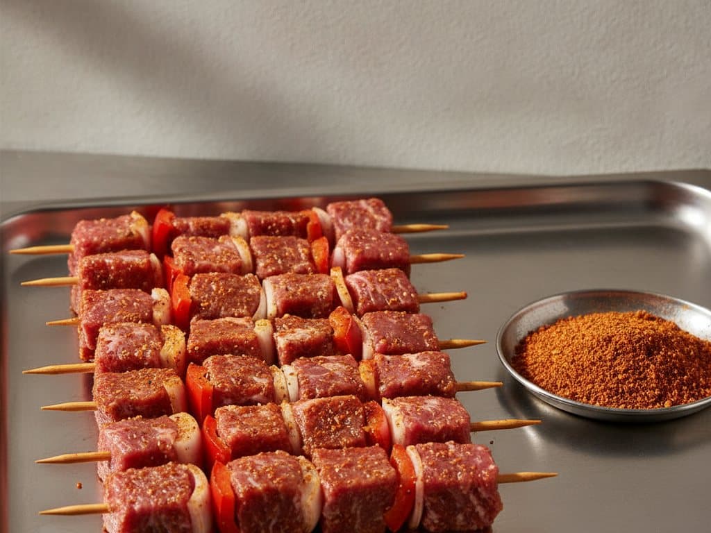 Brochettes de viande marinées et épices sur un plan de travail inox