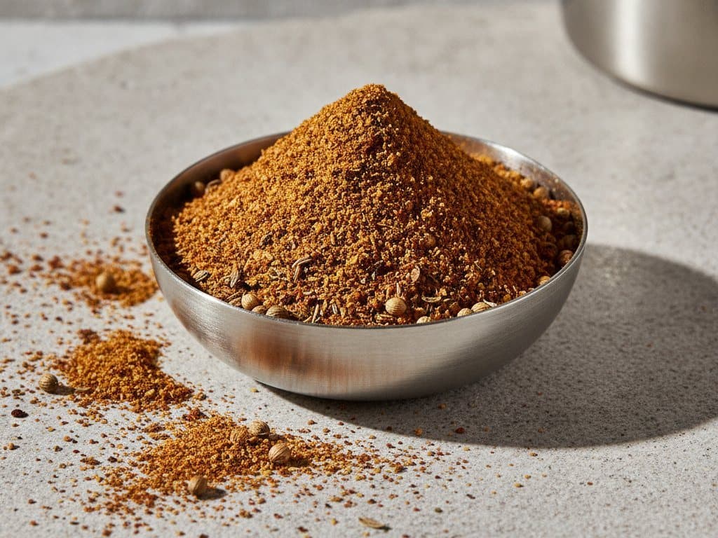 Mélange d'épices à chawarma et broche de viande marinée en atelier de boucherie