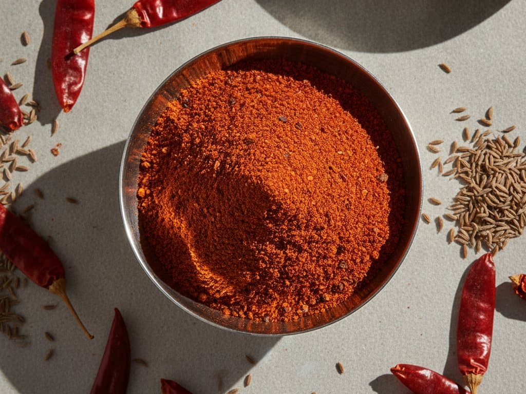 Mélange d'épices mexicaine rouge et piments sur pierre claire
