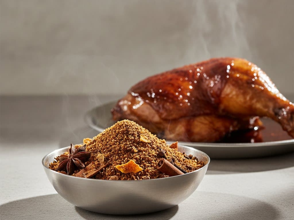 Mélange d'épices à poulet braisé dans une coupelle inox