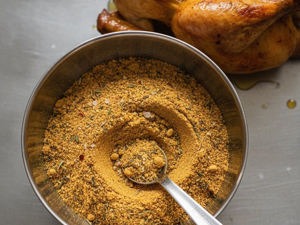 Épices à poulet rôti et volaille dorée en rôtisserie