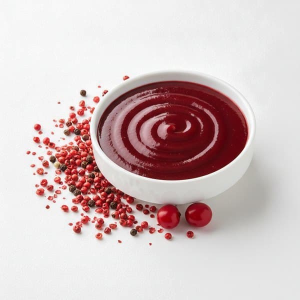 Marinade 3 Poivres Rouges : bol de sauce, baies roses et poivres rouges