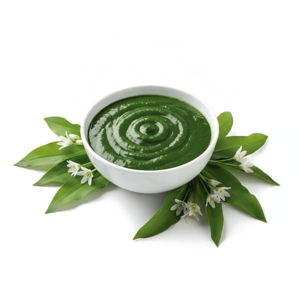 Marinade Ail des ours : bol de sauce, feuilles et fleurs d'ail des ours