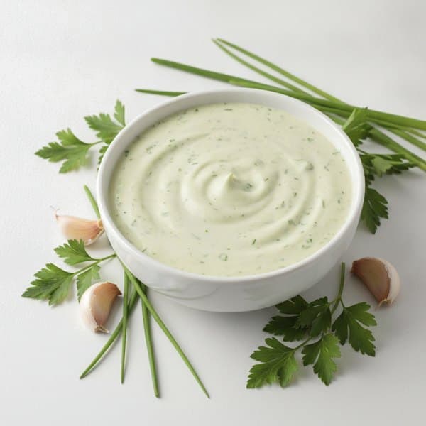 Marinade Ail et fines herbes : bol de sauce, ail, ciboulette et persil