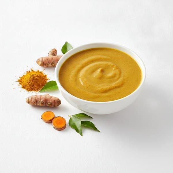 Marinade Curry : bol de sauce, curry en poudre et curcuma frais