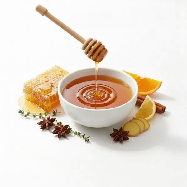 Marinade Goût Miel : bol de sauce, miel et rayon de miel
