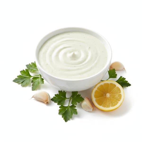 Marinade Maître d'Hôtel : bol de sauce, persil plat, ail et citron