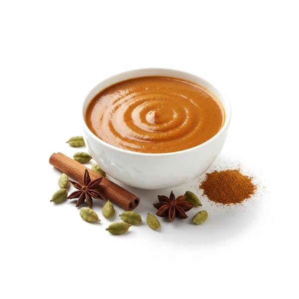 Marinade Massala : bol de sauce, cannelle, cardamome et badiane