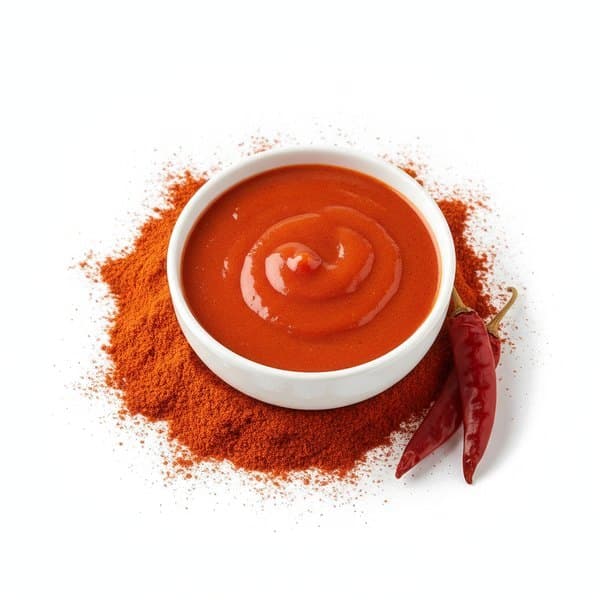 Marinade Paprika : bol de sauce, paprika en poudre et piments séchés