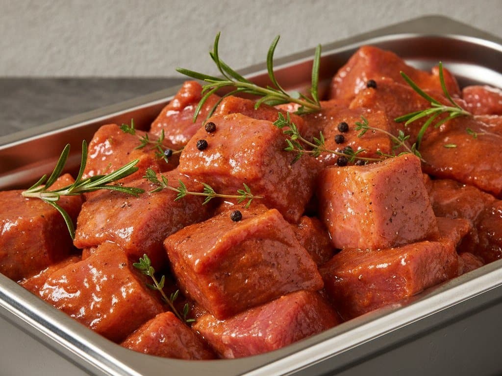 Viande marinée dans un bac inox avec herbes fraîches et poivre concassé